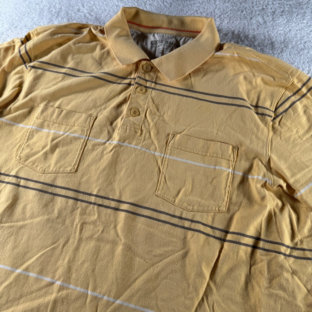 Y2K Eddie Bauer Double Pocket‎ Yellow Striped Polo Shirt Collared XL Men Cotton